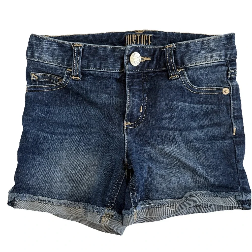 Justice‎ Denim Shorts Girls 12 Slim Dark Wash Raw Hem Cuffed Stretch Jean